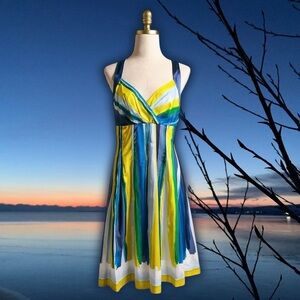 NWT Calvin Klein Yellow Green & Blue Abstract Striped A-Line Cross Back Dress 10